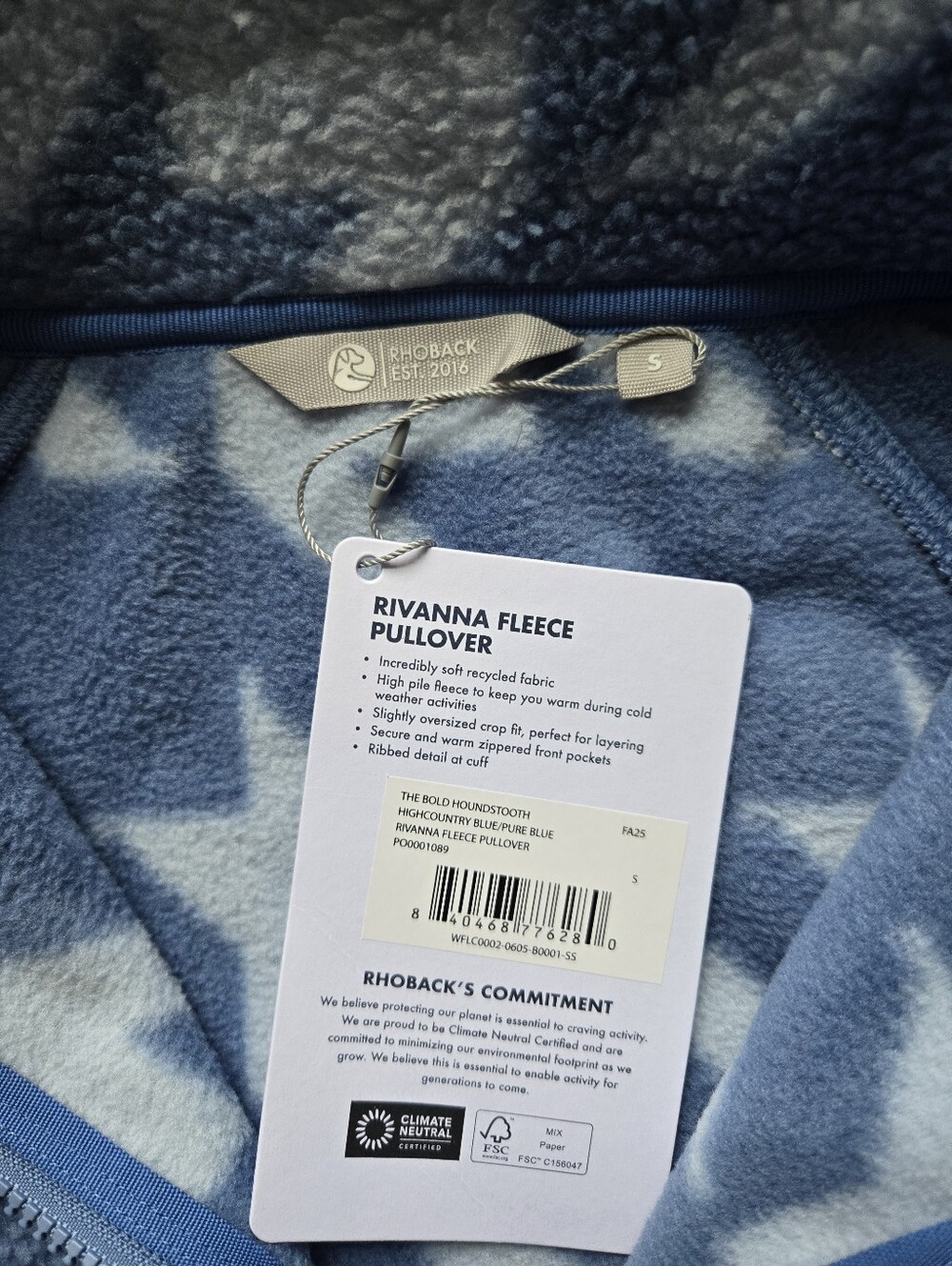 Rhoback Rivanna Fleece Pullover Womens S Blue Houndstooth Crop - Picture 7 of 10
